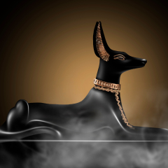 Anubis of Ancient Egypt (God of Death). Dark abstract Egyptian background, dark room with smoke, sparks from lights, rays of light.