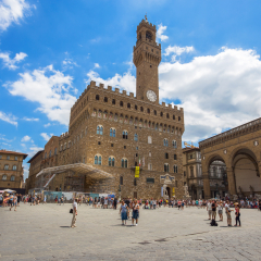 FLORENCE (FIRENZE), JULY 28, 2017 - view of Square of Signoria with Palazzo Vecchio in Florence, Tuscany, Italy