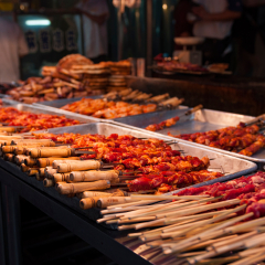 Detail of lamb kebab in a street market at the Muslim Quarter in the city of Xian, in China.