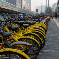 Mobike and Yellow OFO Bikes Standing in Row in Xi'an, China 2018
