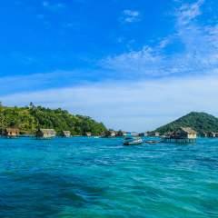 Beautiful landscapes view borneo sea gypsy water village in Bodgaya Mabul Island, Semporna Sabah, Malaysia.