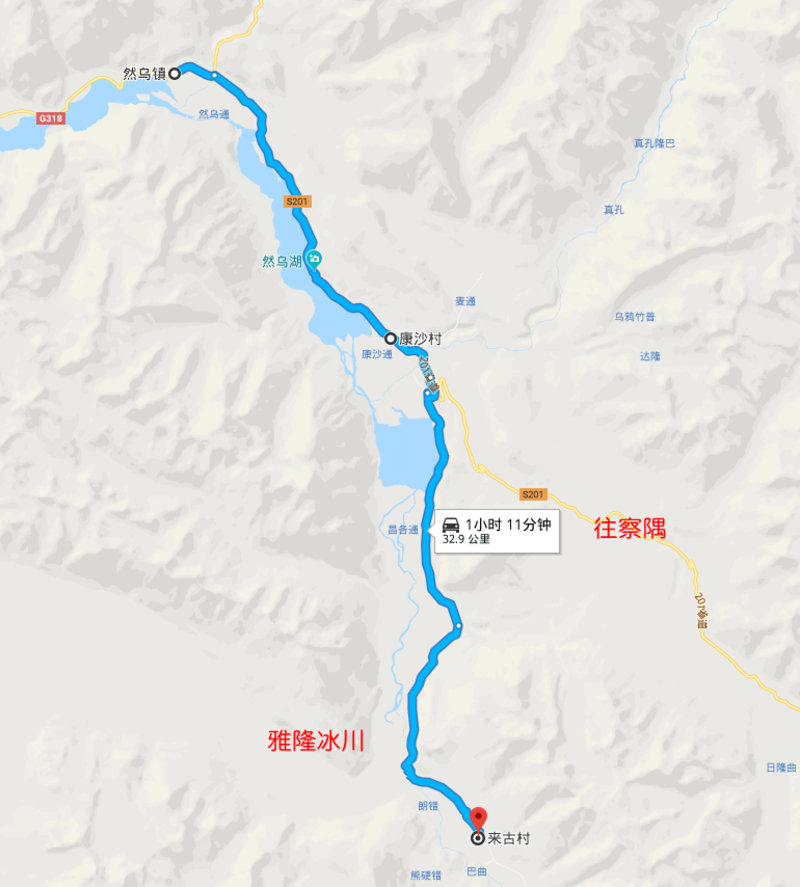 前往來古村和雅隆冰川的地圖