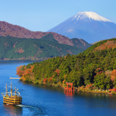 Mountain Fuji and Lake Ashi with Hakone temple and sightseeing boat in autumn