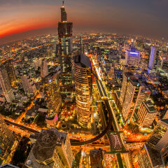 Fisheye view of Bangkok at sunset, Thailand