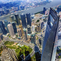 Looking Down on Black Shanghai World Financial Center Skyscraper Jin Mao Tower Huangpu River Cityscape Liujiashui Financial District Shanghai China.  