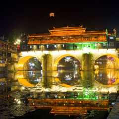凤凰古镇,沱江,虹桥,夜景,凤凰县,湖南省,中国,亚洲,