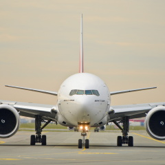 This is a view of Emirates plane Boeing 777-300ER registered as A6-EPR on the Warsaw Chopin Airport. November 4, 2016. Warsaw, Poland.