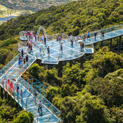 China, Hainan Island - December 1, 2018: Yalong Bay Tropical Paradise Forest Park, Chinese tourists are photographed on the glass suspension bridge, editorial. 