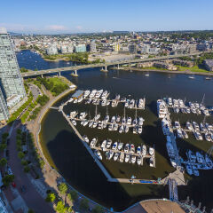 Aerial view, showing Yaletown, downtown, False Creek, Cambie Street Bridge, Vancouver, British Columbia, Canada, North America