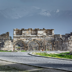Hierapolis ancient city ruins, North Roman Gate, Pamukkale, Denizli, Turkey
