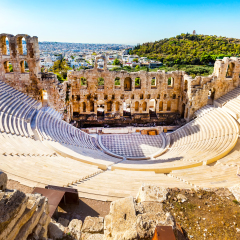 Athens, Greece - October 14, 2016: Ancient herodes atticus theater amphitheater of Acropolis of Athens, landmark of Greece