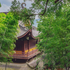 Traditional Chinese architecture among bamboos and trees, in Lingyin Temple, in Hangzhou, China