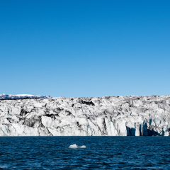蓝天下冰岛杰古沙龙冰河湖的海水浮冰和万年火山灰冰川景观
