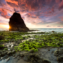 Magnificent sunset at Batu Luang Beach, Kuala Penyu, Sabah, Malaysia. With amazing natural mossy stones at foreground. This beach is the favourites spot for photog to capture sunset moment in Sabah.