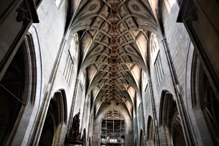 教堂大厅像鱼骨状的立柱和拱顶.