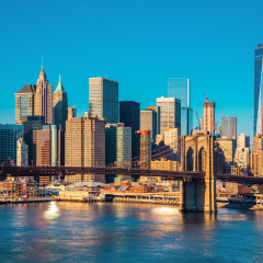 Skyline of downtown New York, Brooklyn Bridge and  Manhattan at the morning light , New York City, USA