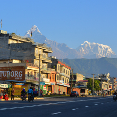 Pokhara, Nepal - Oct 20, 2017. Buildings located at mountain village in Pokhara, Nepal. Pokhara is the starting point for most of the treks in the Annapurna area.