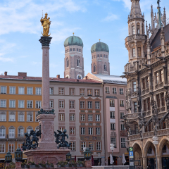 MUNICH, BAVARIA, GERMANY, February 28th, 2018 - Marienplatz in the historic city center with column and view to the famous dome