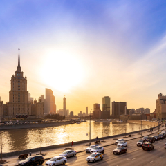 Cityscape and Landscape of downtown Moscow with Modern skyscrapers, office building and Moskva river over Sunrise sky, Moscow City, Russia