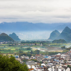 桂林兴坪风光  China,Guilin, Xingping ancient town and hills,elevated view