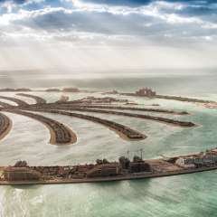 Aerial view of Dubai Palm Jumeirah Island, UAE.