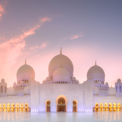 View of Sheikh Zayed Grand Mosque at purple sunset, Abu-Dhabi, UAE