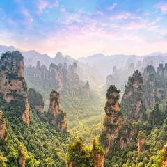 Zhangjiajie Forest Park. Panoramic view above the cliffs and mountains to the colorful valley at sunrise. Picturesque landscape. Majestic nature.