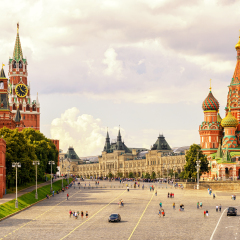 Kremlin and St Basil's Cathedral at the Red Square in Moscow, Russia. Moscow Kremlin is one of the main travel attractions in Europe.