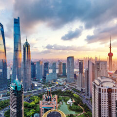 skyline of modern city with sunset in shanghai