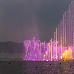 Hangzhou, China - JUN 2018: The music fountain in Hangzhou West Lake was performed on time in the evening.