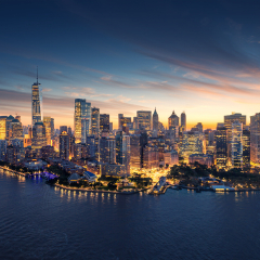 New York City panorama skyline at sunrise. Manhattan office buildings / skysrcapers at the morning. New York City panoramatic shot.