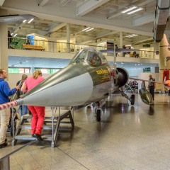 Munich, Germany - May 05, 2015: Modern jet fighter with visitors in Deutsches Museum in Munich.