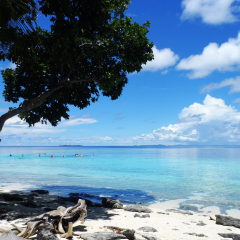 MATAKING ISLAND , MALAYSIA - 2012 : Sea view from Mataking Island, a Malaysian island located in the Celebes Sea on the state of Sabah, connected to Small Mataking Island via a narrow sand bank.