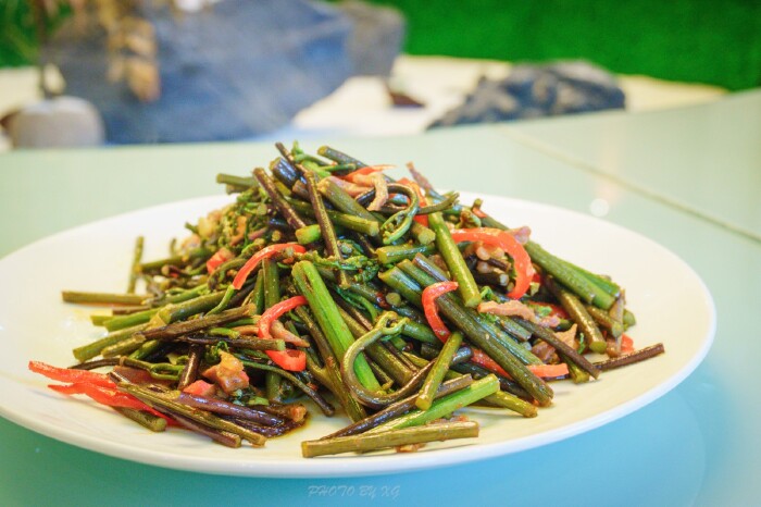 蕨菜也是采摘自山上的野菜,走在山野处,春季总能看见嫩绿的蕨菜发芽.