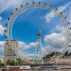 LONDON, UK - MAY 25, 2013: View of the London Eye. London Eye (135 m tall, diameter of 120 m) - a symbol of London and famous tourist attraction over river Thames.