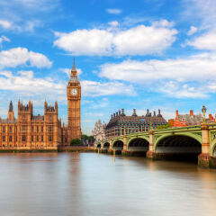 Big Ben, Westminster Bridge on River Thames in London, England, UK