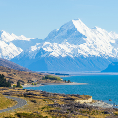 mount cook viewpoint with the lake pukaki and the road leading to mount cook village. Taken during summer in New Zealand.