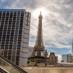 Las Vegas, Nevada, November 23, 2017: Backlit view of the replica Eiffel Tower at the Paris Hotel and Casino in Las Vegas, part of the stunning skyline. Las Vegas is known for extravagant theme hotels