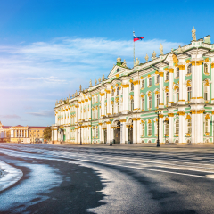 Winter Palace on Palace Square in St. Petersburg and the Admiralty in the distance on a sunny morning
