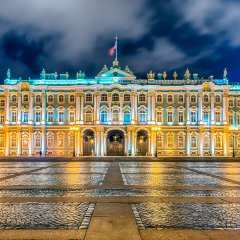 Facade of the Winter Palace, house of the Hermitage Museum, iconic landmark in St. Petersburg, Russia
