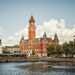 HELSINGBORG, SWEDEN - AUGUST 11, 2016. The centre of Helsingborg, showing the town hall and waterfront. 