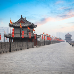 ancient tower at dusk in xian city wall ,China