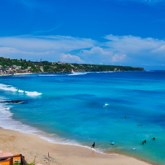 Dreamland Beach South Kuta. Tropical beach island Indonesia, Bali. Seascape with waves at beautiful hidden white sand beach. Sea beach nature. Landscape. Summer holidays. Travel vacation concept.