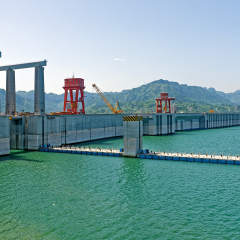 SANDOUPING, CHINA - April 15, 2016: The Three Gorges Dam spans the Yangtze River in Sandouping, Yichang, Hubei, China. It is the largest hydro-electric power station in the world.