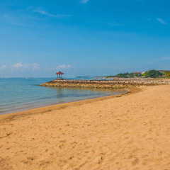 Benoa sand beach view. Beautiful gazebo pavilion on the beach Benoa. Bali, Indonesia.Tanjung Benoa. Nusa Dua.