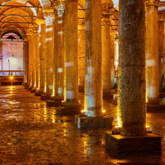 Underground Basilica Cistern Yerebatan Sarnici in Istanbul, Turkey. Cistern in Istanbul underground. Basilica showplace in Istanbul. Place underground in Istanbul Basilica.