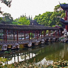 Photo of a fragment of a pavilion and pond in Yuyuan gardens, Shanghai, stylized and filtered to resemble an oil painting.
