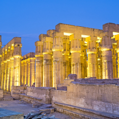 The numerous columns of the Luxor Temple in the bright evening illumination, Egypt.
