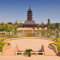 View on Pan Gate, (Pan Men, or Panmen) and Ruiguang Pagoda a historical landmark in Suzhou, China.
