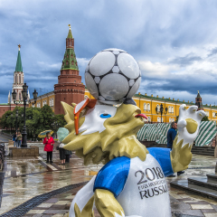 MOSCOW, RUSSIA - 22.06.2017   The official mascot of the 2018 FIFA World Cup and the FIFA Confederations Cup 2017 wolf Zabivaka at the Manege Square in Moscow.